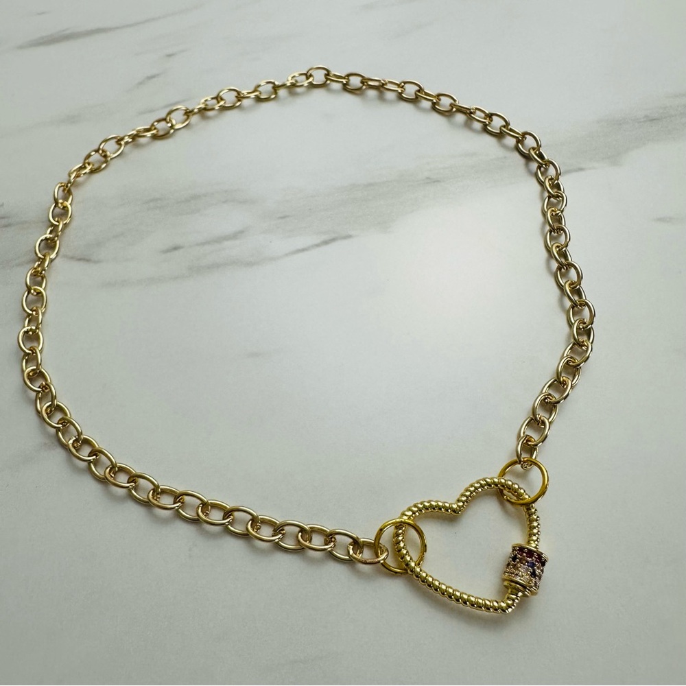Handmade Gold-Tone Chain Choker with Pavé Heart Carabiner Clasp - Picture 13 of 13